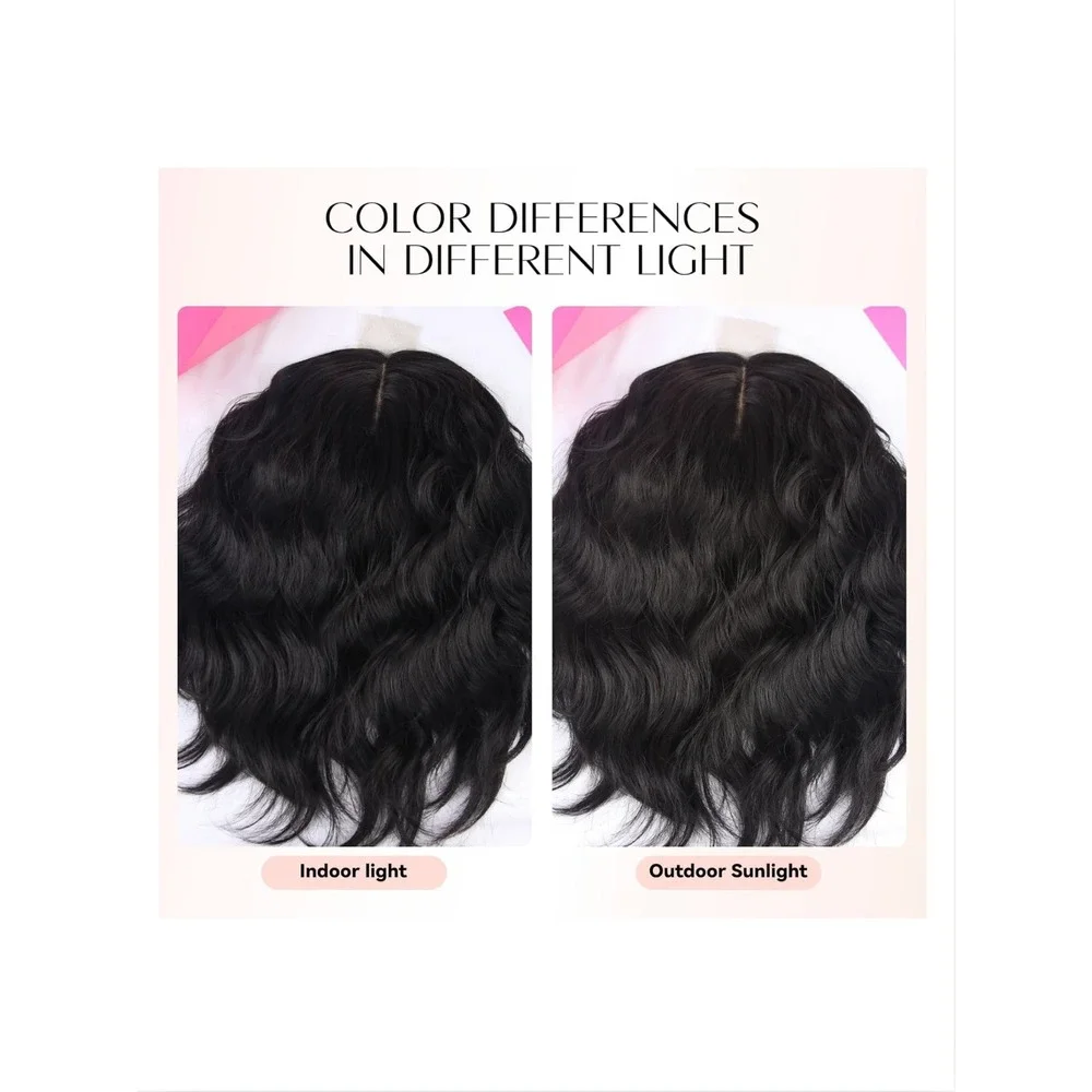 LEEONS 11 Inch Short Wavy Hair Topper 6.5x6.5 Base Synthetic Natural Black 1B